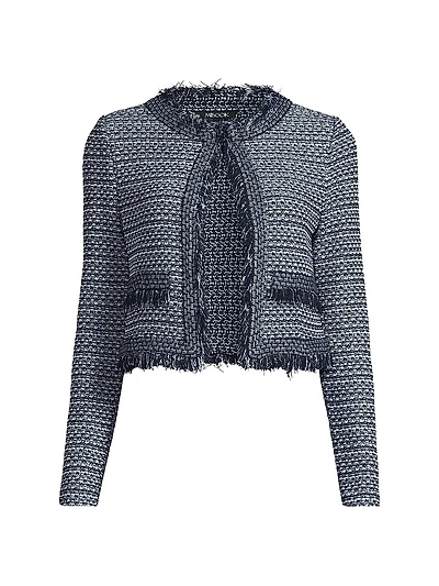 Misook x Lani Lynn Fringe Trim Tweed Knit Cropped Jacket