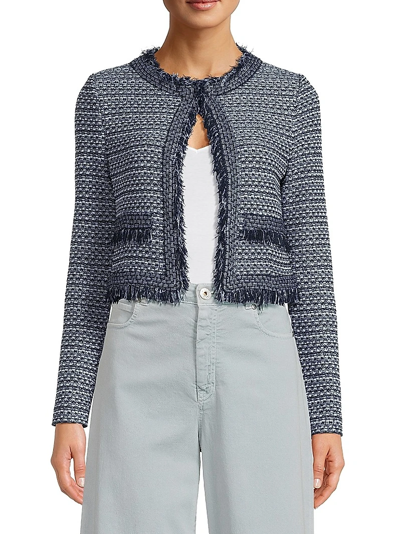 Misook x Lani Lynn Fringe Trim Tweed Knit Cropped Jacket