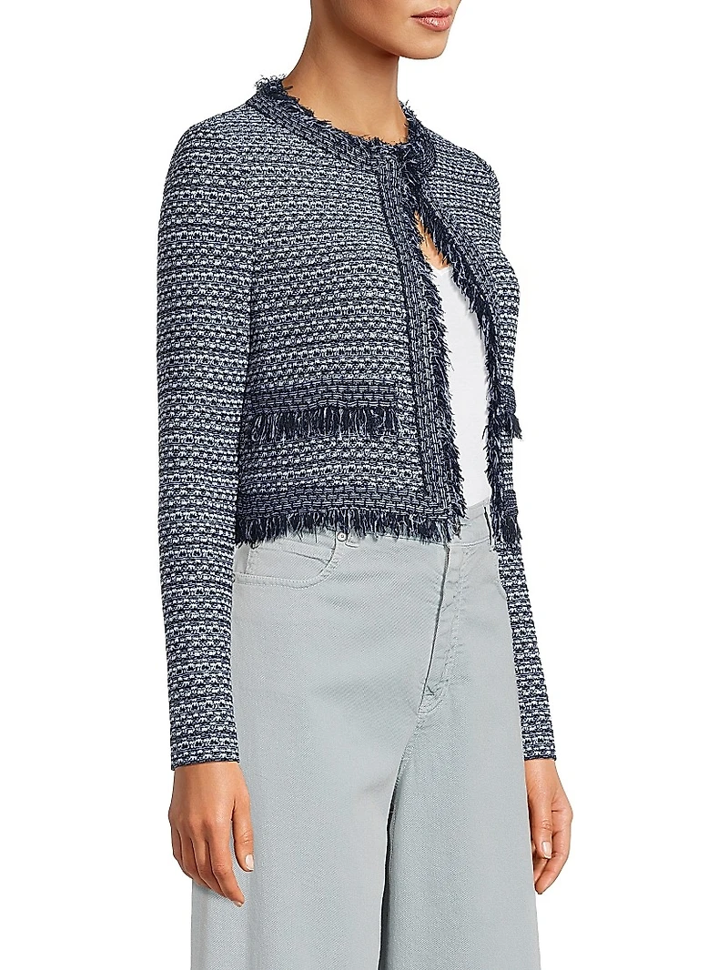 Misook x Lani Lynn Fringe Trim Tweed Knit Cropped Jacket