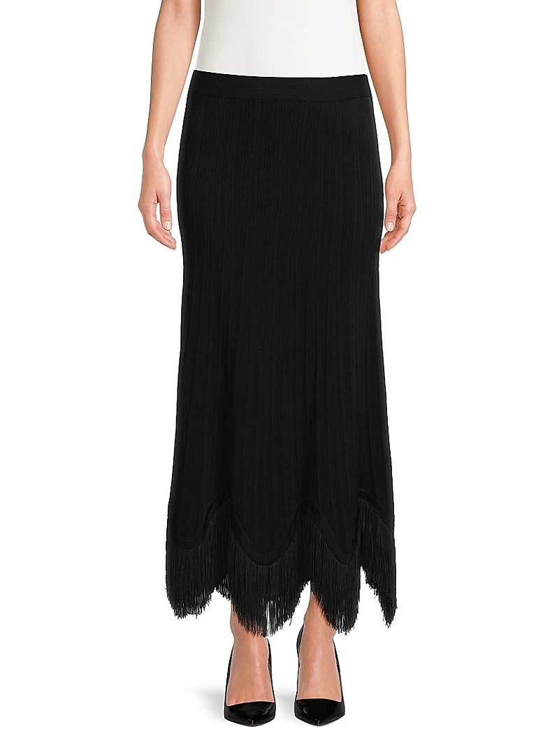 Misook x Lani Lynn Fringe-Hem Rib-Knit Maxi Skirt