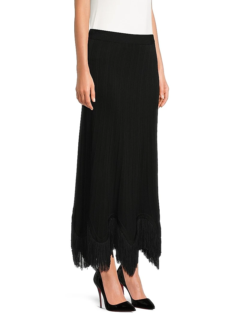 Misook x Lani Lynn Fringe-Hem Rib-Knit Maxi Skirt