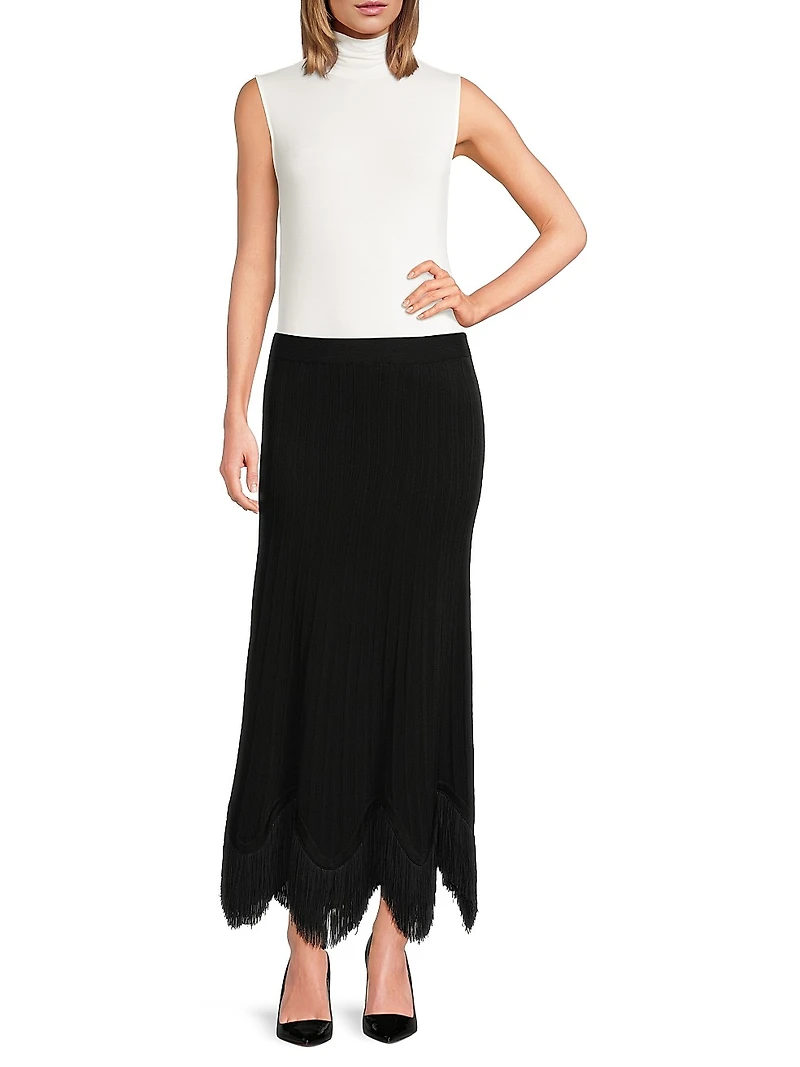 Misook x Lani Lynn Fringe-Hem Rib-Knit Maxi Skirt