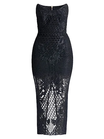 Imprint Lace Strapless Midi-Dress