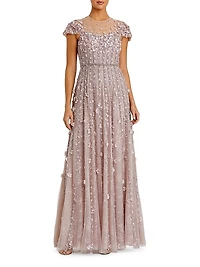 Embellished Illusion-Neck Mesh Evening Gown