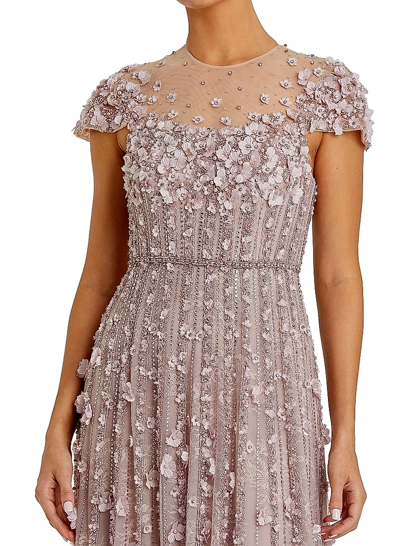 Embellished Illusion-Neck Mesh Evening Gown