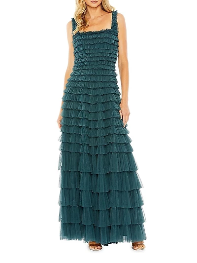 Ruffle-Layered Mesh Evening Gown