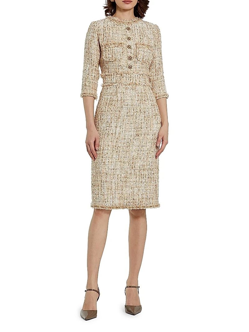 Beaded-Trim Tweed Midi-Dress