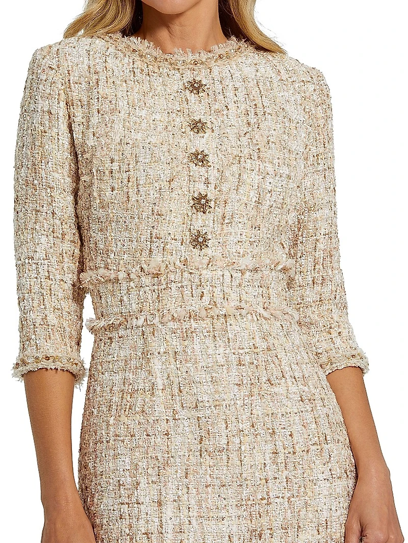 Beaded-Trim Tweed Midi-Dress