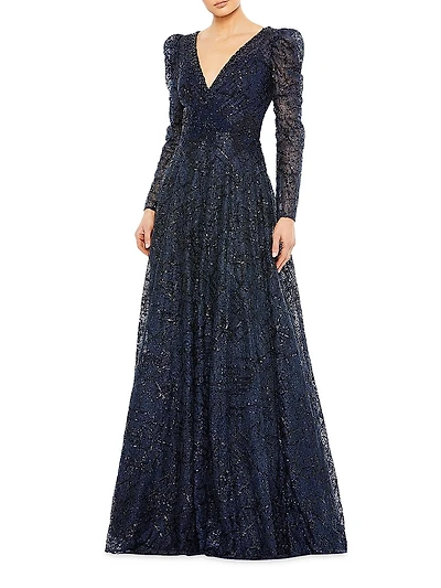Embellished Mesh V-Neck Long-Sleeve Evening Gown