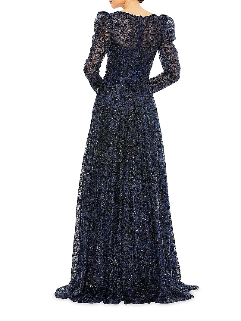 Embellished Mesh V-Neck Long-Sleeve Evening Gown