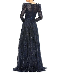 Embellished Mesh V-Neck Long-Sleeve Evening Gown