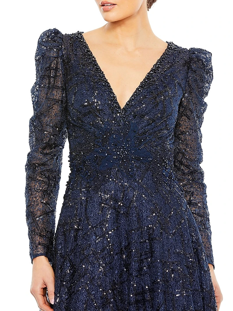 Embellished Mesh V-Neck Long-Sleeve Evening Gown