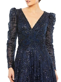 Embellished Mesh V-Neck Long-Sleeve Evening Gown