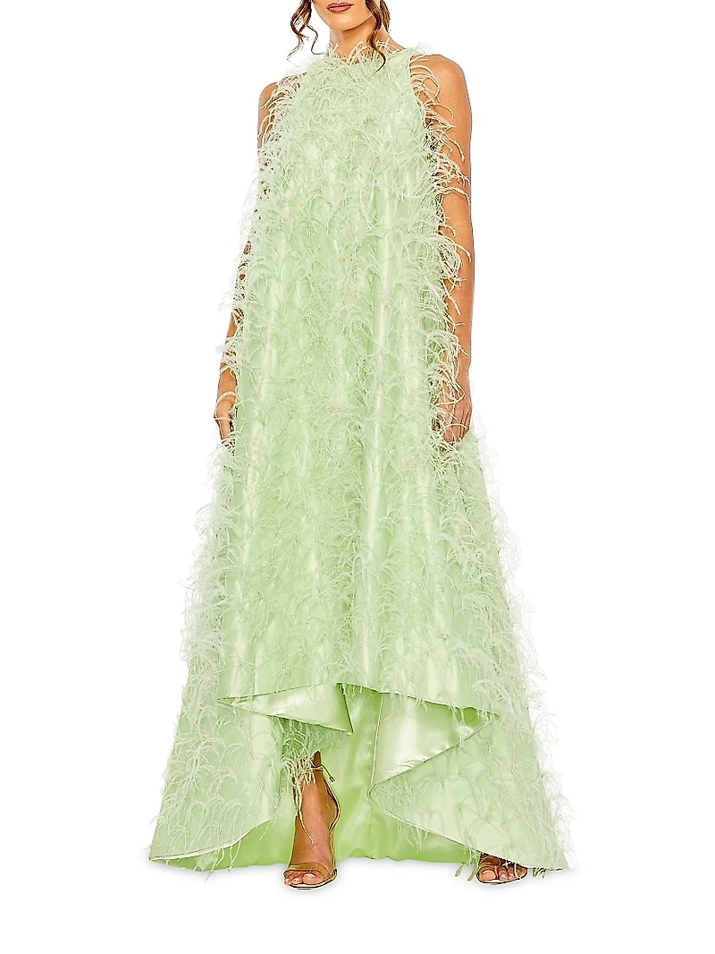 Feather-Embellished Satin High-Low Evening Gown