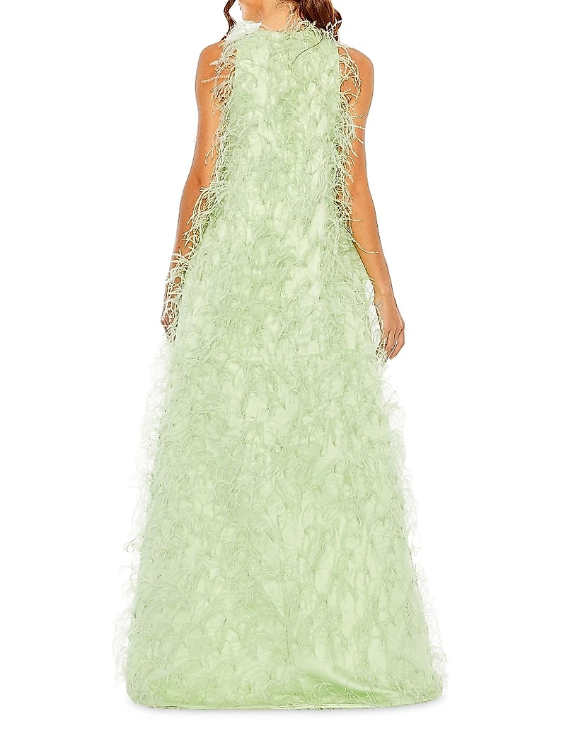 Feather-Embellished Satin High-Low Evening Gown