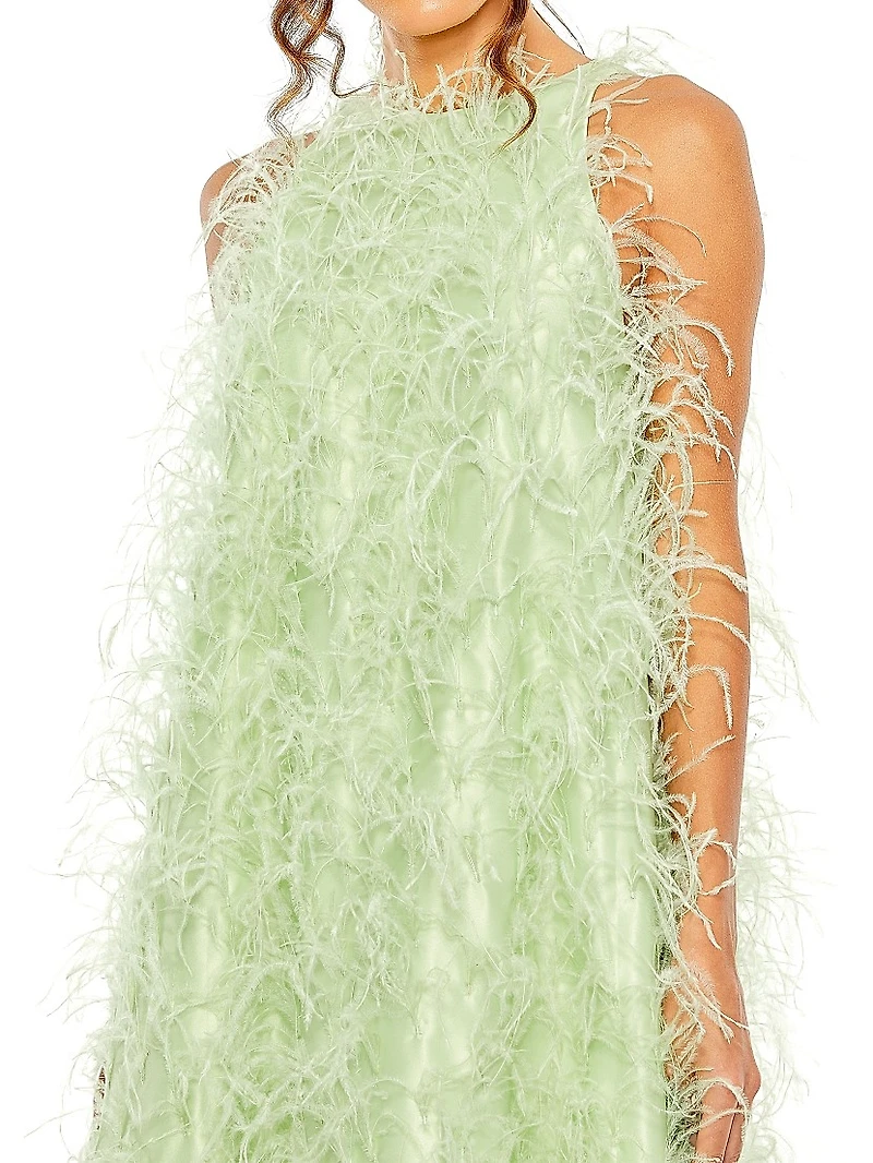 Feather-Embellished Satin High-Low Evening Gown