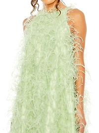 Feather-Embellished Satin High-Low Evening Gown