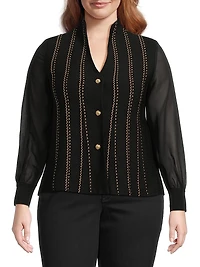 Plus Metallic Knit Button-Front Cardigan