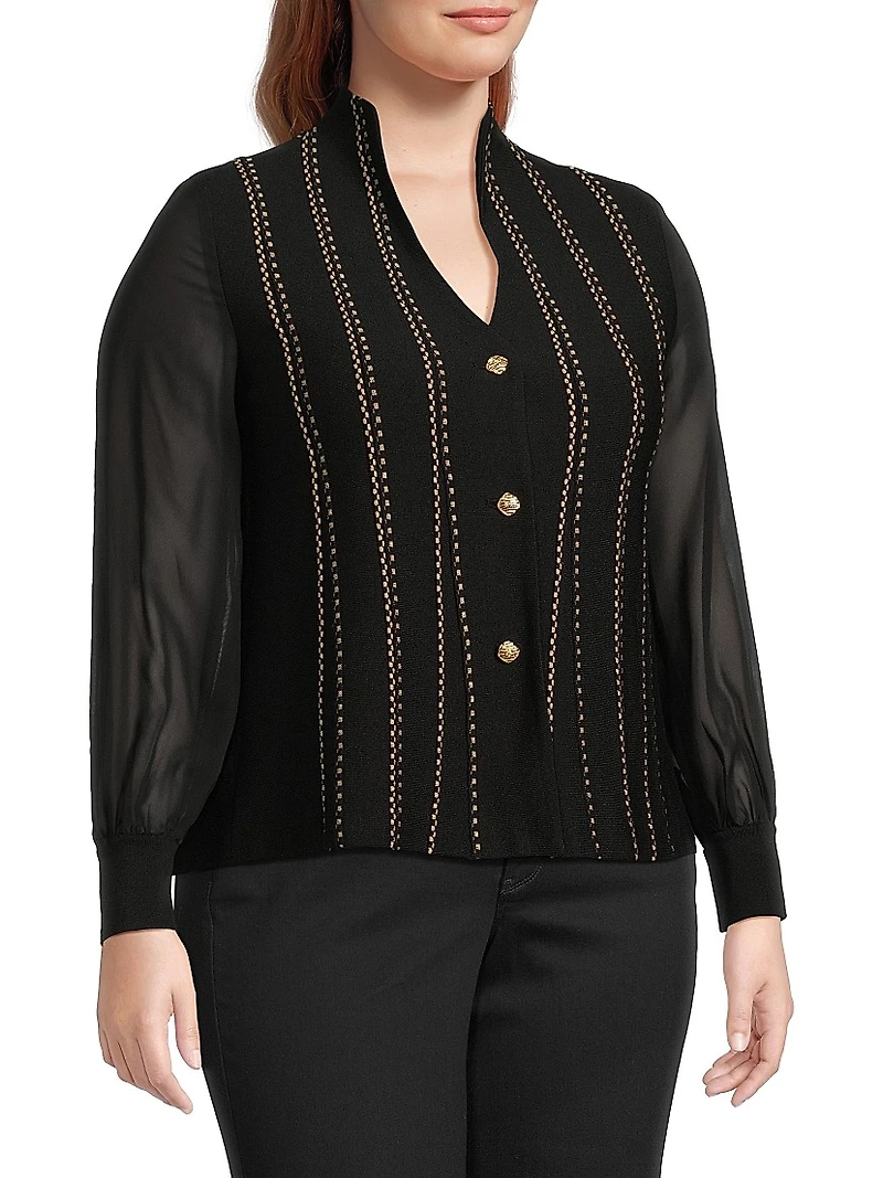 Plus Metallic Knit Button-Front Cardigan