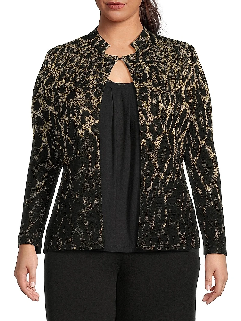 Plus Metallic Leopard Jacquard Knit Jacket