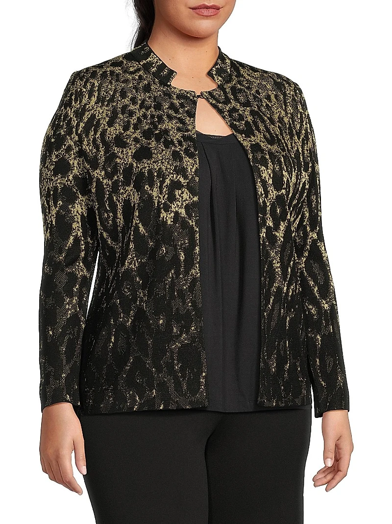 Plus Metallic Leopard Jacquard Knit Jacket