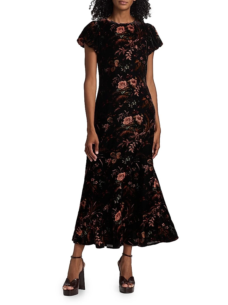 Connie Floral Crushed Velvet Midi-Dress