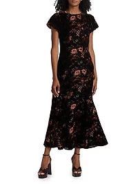 Connie Floral Crushed Velvet Midi-Dress