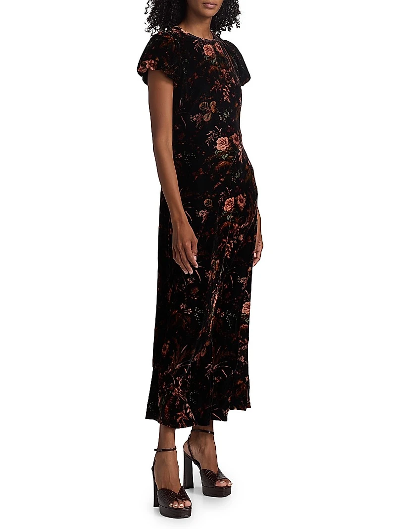 Connie Floral Crushed Velvet Midi-Dress