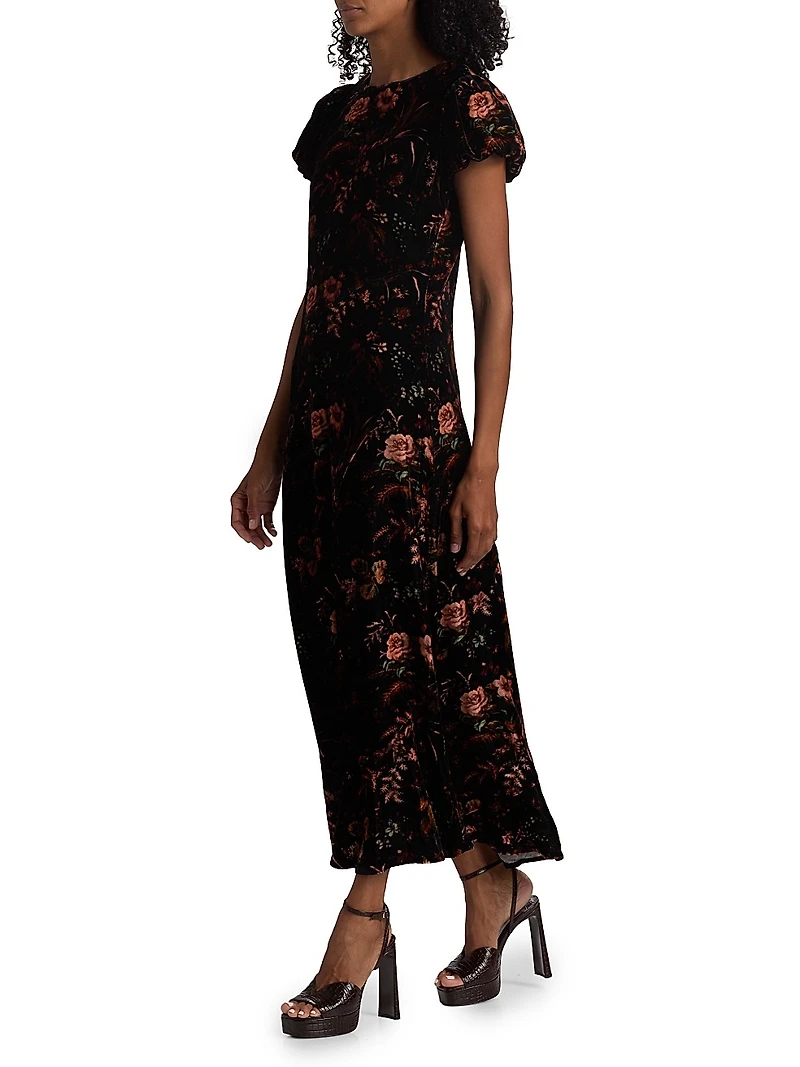 Connie Floral Crushed Velvet Midi-Dress