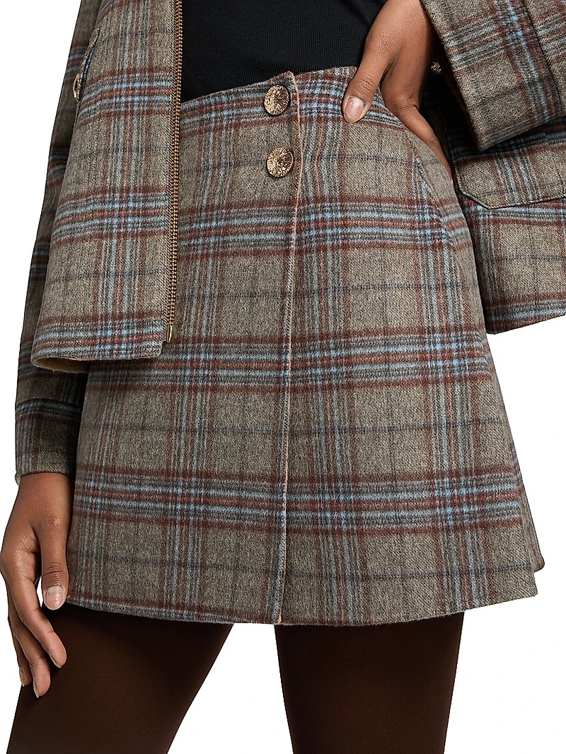 Kitty Plaid Wool-Blend Miniskirt