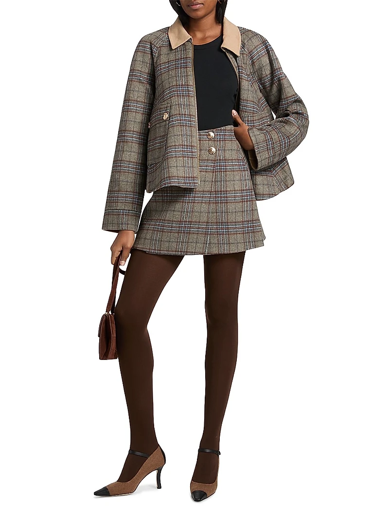 Kitty Plaid Wool-Blend Miniskirt