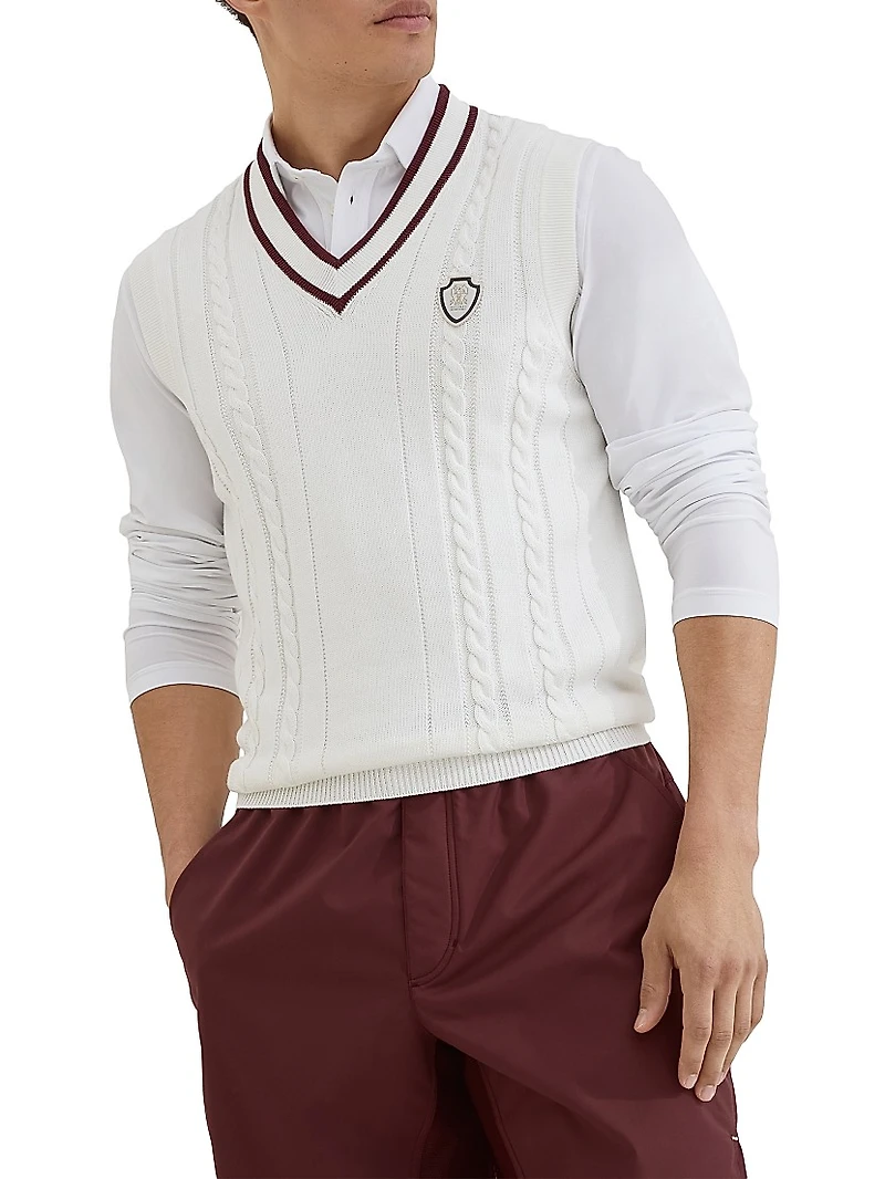 Cotton Cable Knit Sweater Vest with Logo