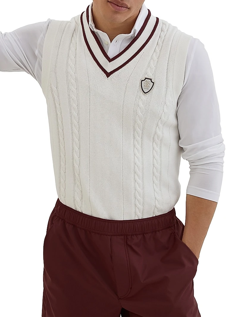 Cotton Cable Knit Sweater Vest with Logo