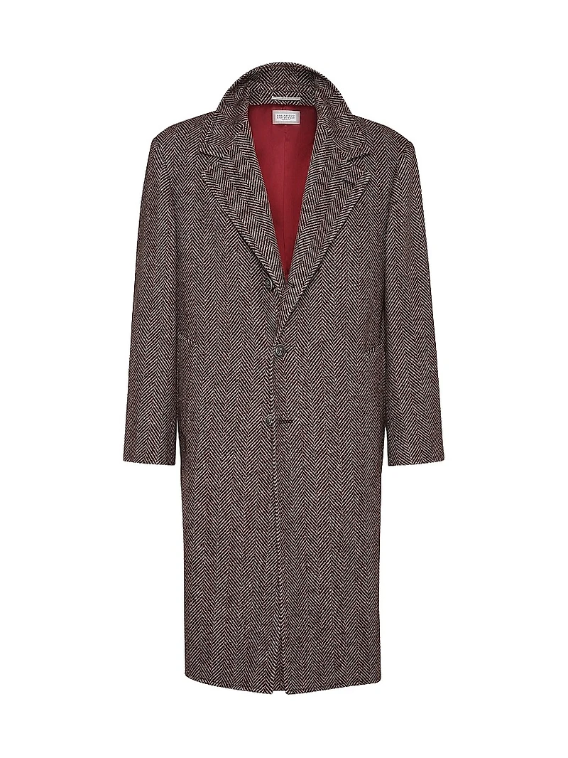 Cashmere and Silk Chevron Flannel Coat with Metal Buttons