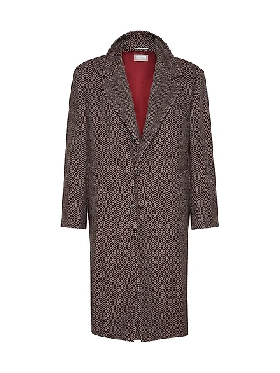 Cashmere and Silk Chevron Flannel Coat with Metal Buttons