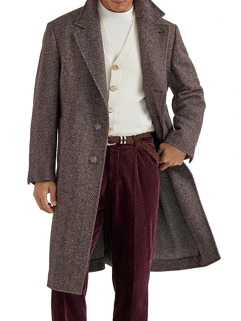 Cashmere and Silk Chevron Flannel Coat with Metal Buttons