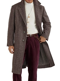 Cashmere and Silk Chevron Flannel Coat with Metal Buttons