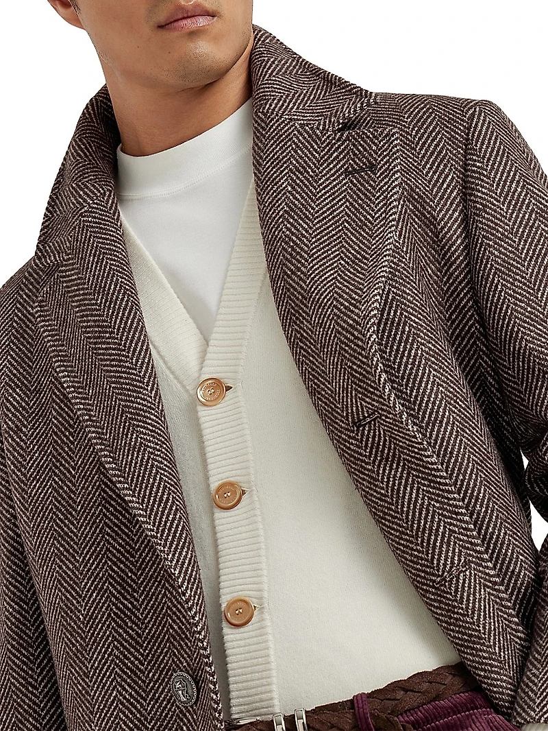 Cashmere and Silk Chevron Flannel Coat with Metal Buttons