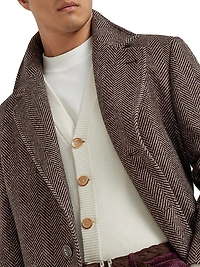 Cashmere and Silk Chevron Flannel Coat with Metal Buttons