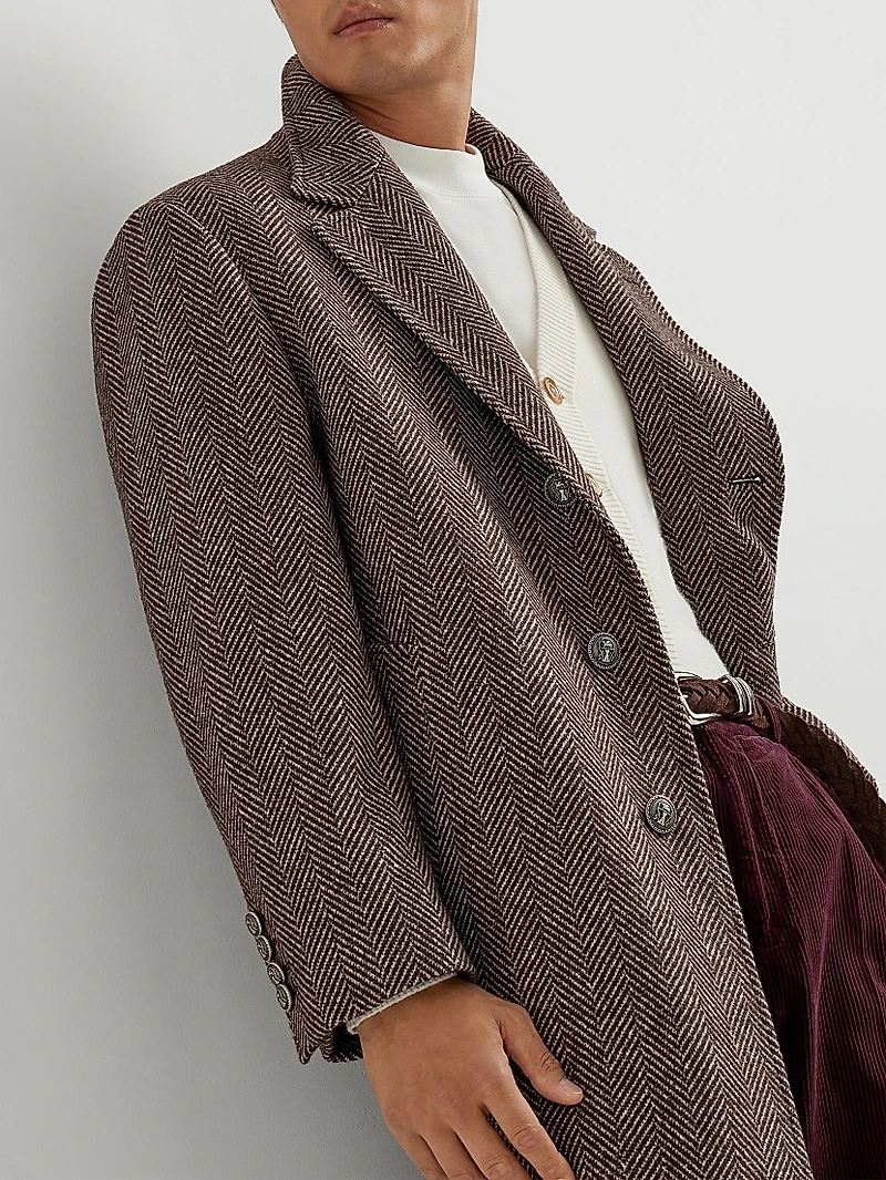 Cashmere and Silk Chevron Flannel Coat with Metal Buttons