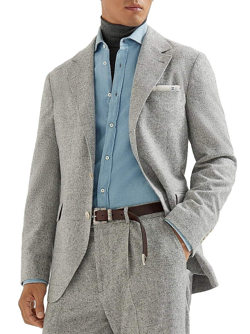 Silk Blend Flecked Prince of Wales Flannel Deconstructed Blazer