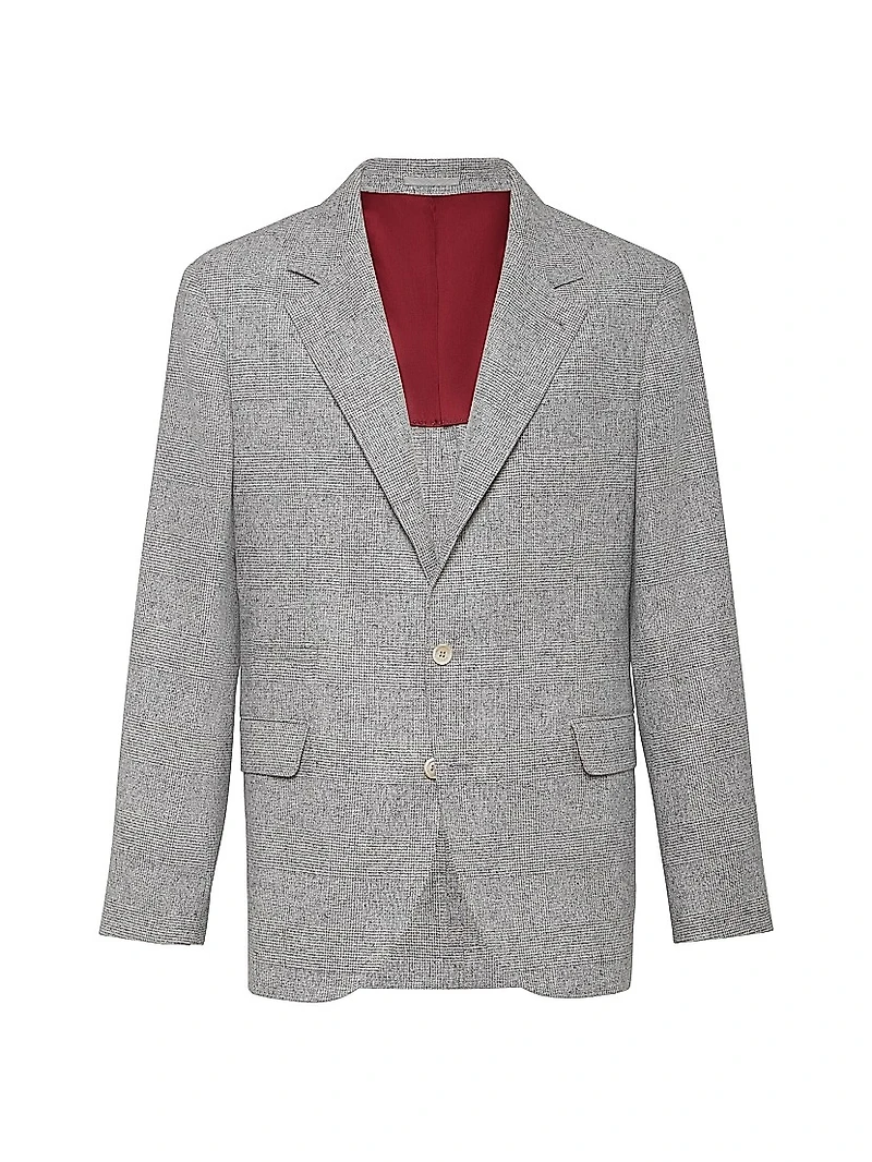 Silk Blend Flecked Prince of Wales Flannel Deconstructed Blazer