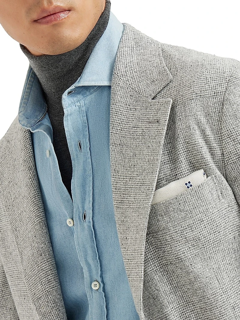 Silk Blend Flecked Prince of Wales Flannel Deconstructed Blazer