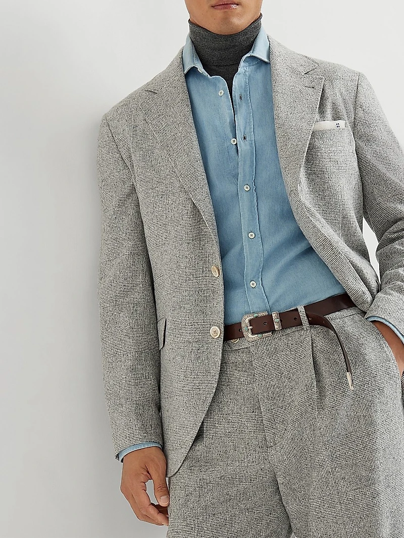 Silk Blend Flecked Prince of Wales Flannel Deconstructed Blazer