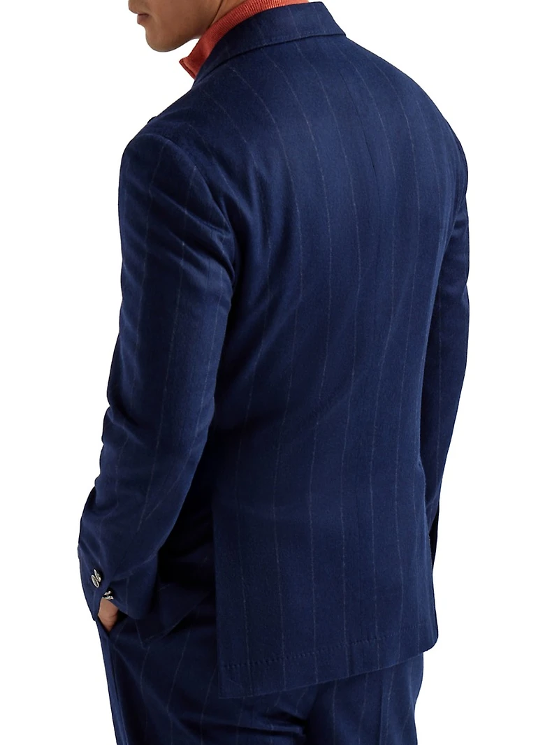 Wool Blend Wide Chalk Stripe Flannel Deconstructed Blazer with Large Peak Lapels
