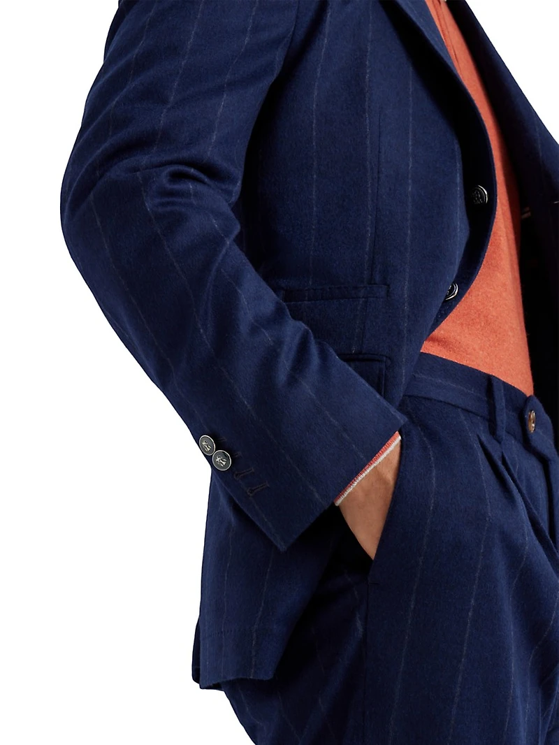 Wool Blend Wide Chalk Stripe Flannel Deconstructed Blazer with Large Peak Lapels