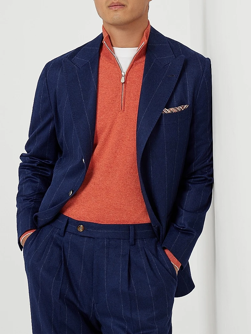 Wool Blend Wide Chalk Stripe Flannel Deconstructed Blazer with Large Peak Lapels