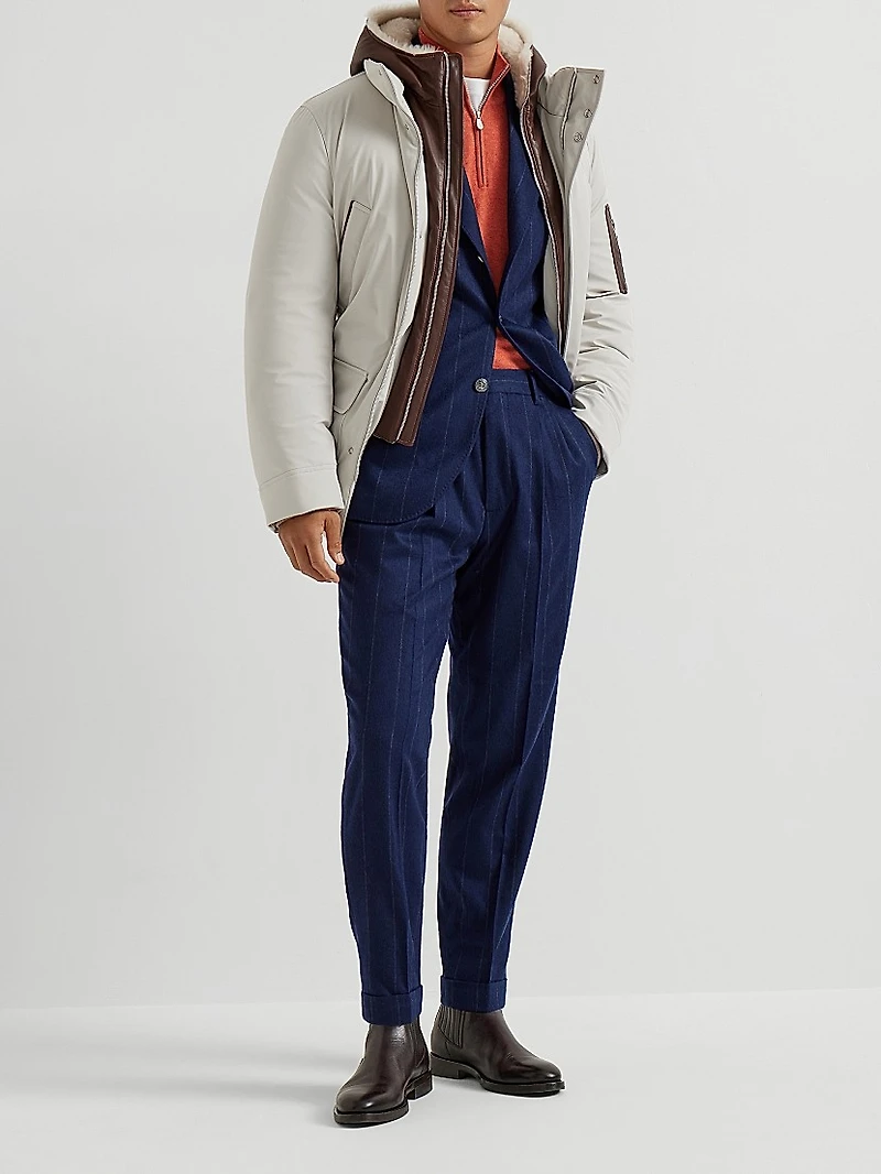 Wool Blend Wide Chalk Stripe Flannel Deconstructed Blazer with Large Peak Lapels