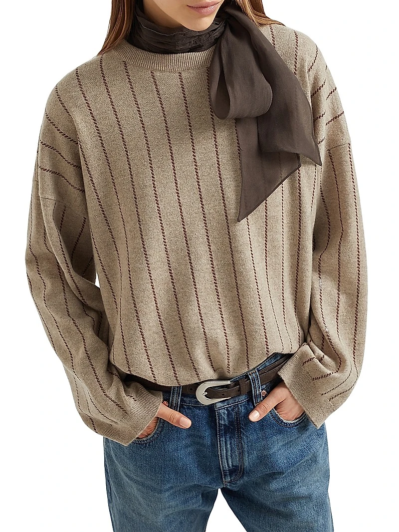 Cashmere Sweater with Dazzling Chalk Stripe Embroidery