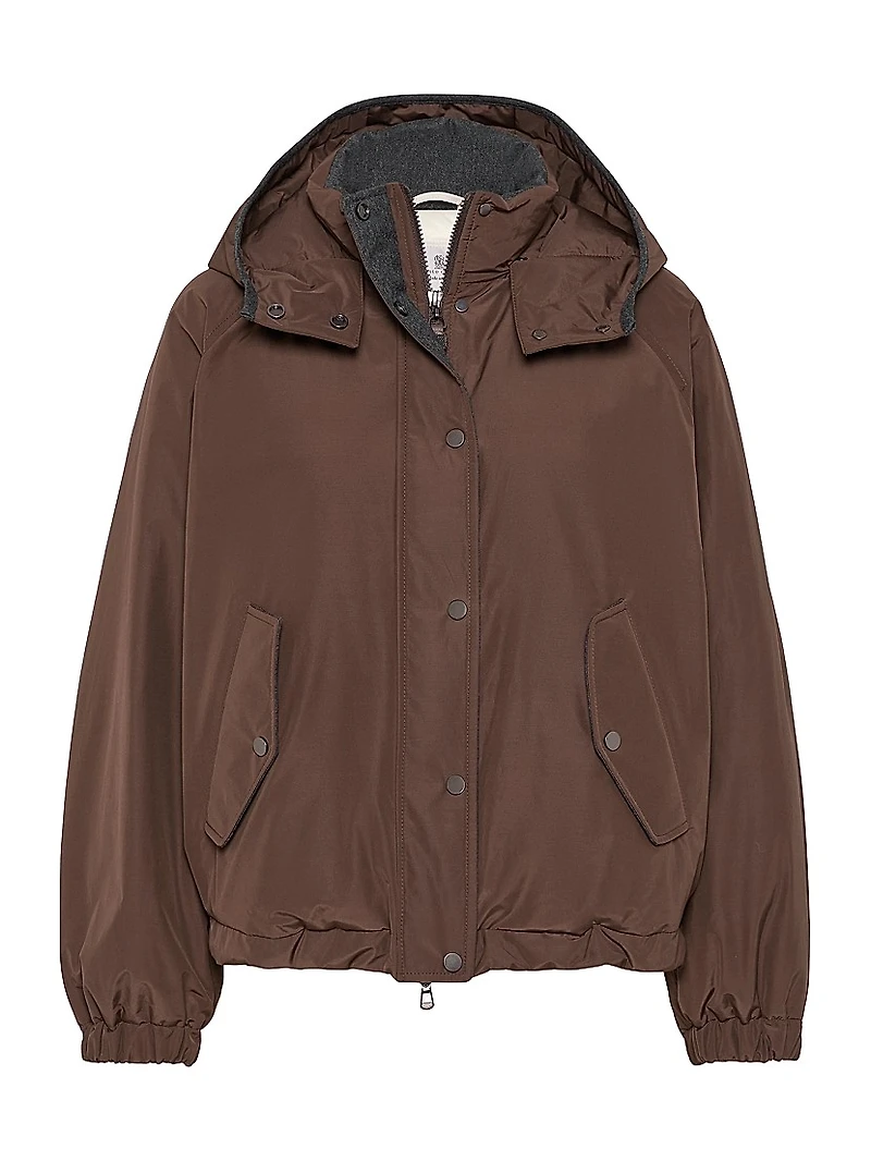 Techno Cotton Water Resistant Taffeta Cropped Down Jacket with Detachable Hood and Shiny Zipper Pull